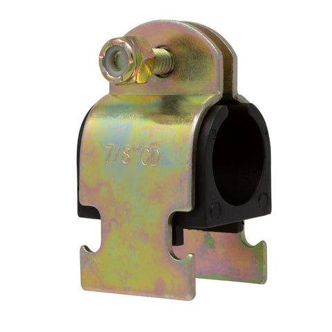 Durable zinc plated steel strut clamp with a soft rubber cushion protects copper piping, PEX, and CVPC tubing, front view.