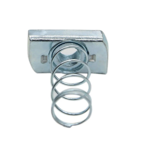 Front view of 3/8-16 Strut Channel Nuts With Zinc Electroplate Finish, long spring for secure attachments on strut channel.
