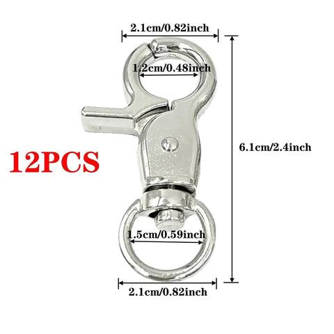 Image of 12 Piece Trigger Snap Hooks Lobster Clasp 360 Degree Swivel Spring Buckle with dimensions and zinc alloy construction.