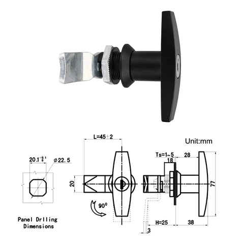Side view of durable zinc alloy T-handle door lock set with black corrosion-resistant finish and technical dimensions diagram.