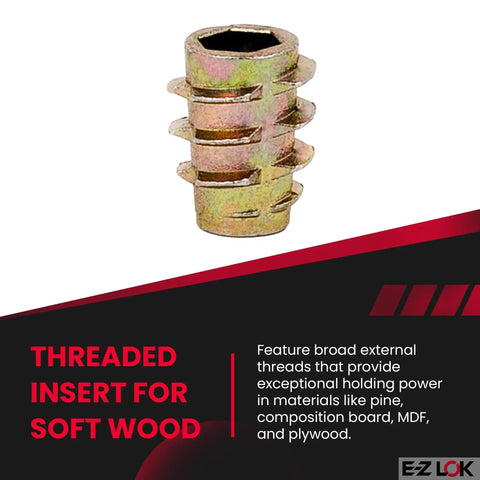 Hex Threaded Inserts For Soft Wood In Zinc Alloy Flush Mount, 10-32 Thread Size, 10mm Length, Pack Of 50, Durable Furniture Hardware