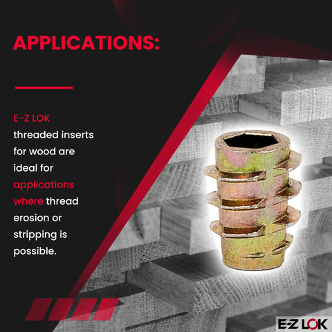 Hex Threaded Inserts For Soft Wood In Zinc Alloy Flush Mount, 10-32 Thread Size, showing close-up and textured wood background