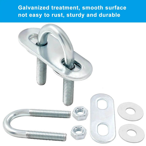 Four M6 zinc plated steel U bolts with nuts, plates, and washers; rust resistant, burr-free finish for secure, durable clamping