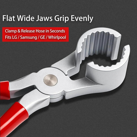 Close-up of THP-1 Washer Hose Pliers Zinc Alloy Hose Clamp Tool with red handle showing grip jaws for washing machine hoses.