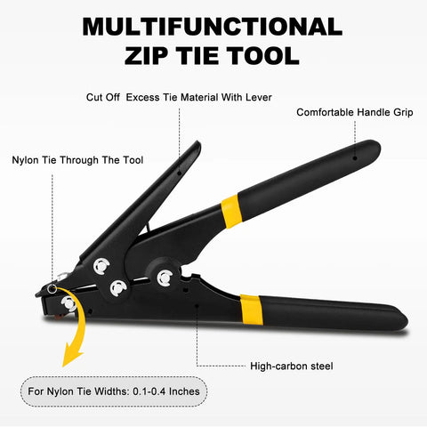 Zip Tie Tool For Easy Tensioning And Cutting Of Cable Ties 2.4 To 9 Millimeters, ergonomic grip cable management gun displayed.