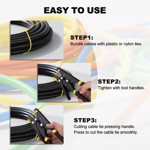 Steps showing use of Zip Tie Tool For Easy Tensioning And Cutting Of Cable Ties 2.4 To 9 Millimeters, Ergonomic Grip Cable Management Gun.