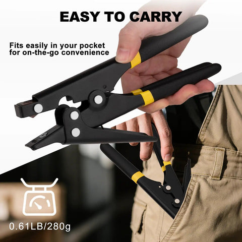 Zip Tie Tool For Easy Tensioning And Cutting Of Cable Ties 2.4 To 9 Millimeters shown in hand, ergonomic grip, portable size.