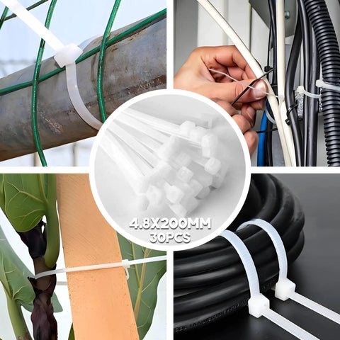 White nylon zip ties securing cables, wires, pipes, and branches in various settings, labeled 4.8x200mm, 30pcs.
