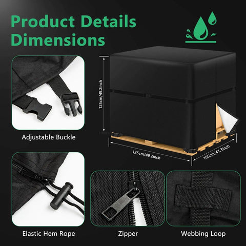 Zipper Pallet Cover 900D Heavy Duty Waterproof Pallet Cover fits large pallets with adjustable buckle, zipper, elastic rope.