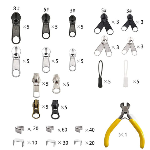 Contents of 252-Piece Zipper Repair Kit With Replacement Zippers And Pulls For Luggage Bags Jackets And Outdoor Gear By Meikeer shown, including sliders and tools.