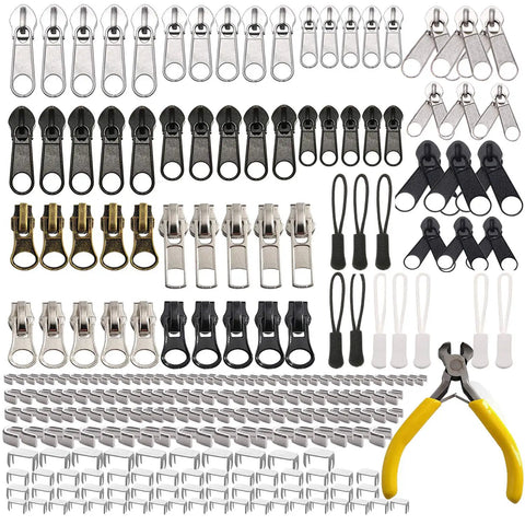 252-Piece Zipper Repair Kit With Replacement Zippers And Pulls For Luggage Bags Jackets And Outdoor Gear By Meikeer includes various sliders, zipper pulls, and pliers.