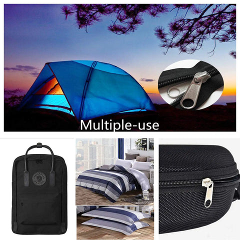 Collage showing 252-Piece Zipper Repair Kit With Replacement Zippers And Pulls For Luggage Bags Jackets And Outdoor Gear By Meikeer, featuring a tent, backpack, and close-up of a zipper.
