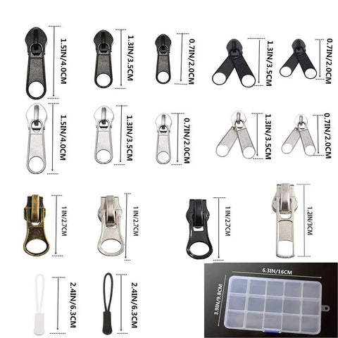 Assorted zippers and pulls from the 252-Piece Zipper Repair Kit With Replacement Zippers And Pulls For Luggage Bags Jackets And Outdoor Gear By Meikeer in a plastic case.