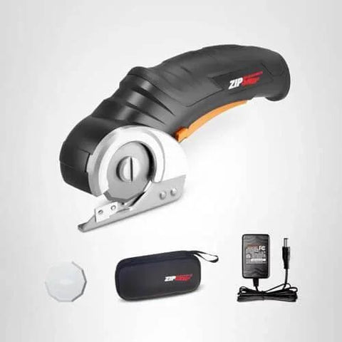 ZipSnip Cordless Electric Scissors 4V Box Cutter For Fabric with safety blades, storage bag, and charger set included.