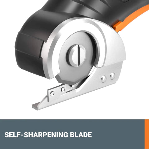 Close-up of ZipSnip Cordless Electric Scissors 4V Box Cutter with self-sharpening blade for fabric and more, featuring safety design.