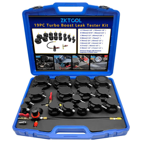 ZKTOOL 19pc turbo boost leak tester kit in blue case with black stepped adapters and brass fittings