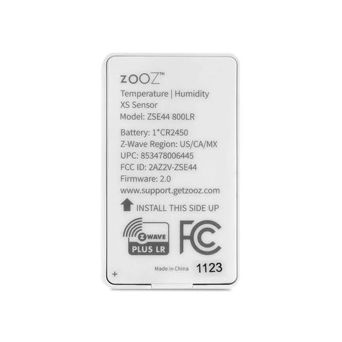 Zooz Temperature Humidity XS Sensor ZSE44 800LR back view with Z-Wave Plus LR logo