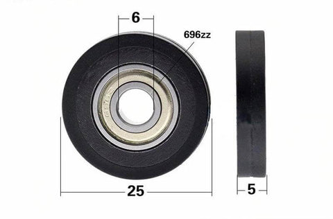 6x25x5mm Polyurethane Miniature Pulley Wheel Roller Bearing - 25mm Black Tire